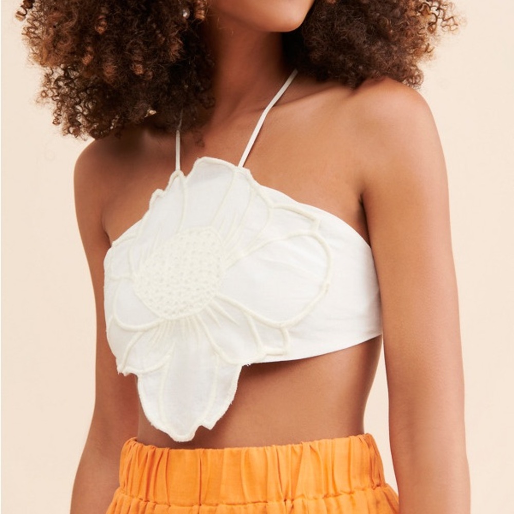FARM Rio Off-White Floral Embroidered Crop Top
